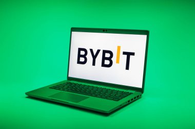 Prag, Çek Cumhuriyeti - 02 21 2025: Bybit logosunu gösteren dizüstü bilgisayar.