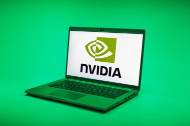 Prag, Çek Cumhuriyeti - 02 21 2025: NVIDIA logosunu gösteren dizüstü bilgisayar.