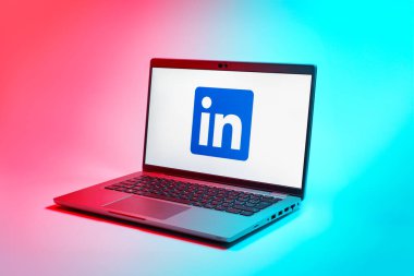Prag, Çek Cumhuriyeti - 02 21 2025: LinkedIn logosunu gösteren dizüstü bilgisayar.