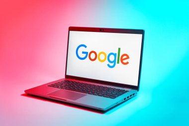 Prag, Çek Cumhuriyeti - 02 21 2025: Google logosunu gösteren dizüstü bilgisayar.