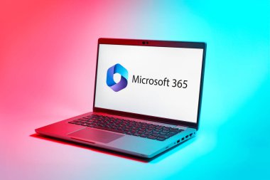 Prag, Çek Cumhuriyeti - 02 21 2025: Microsoft 365 logosunu gösteren dizüstü bilgisayar.