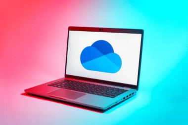 Prag, Çek Cumhuriyeti - 02 21 2025: Dizüstü bilgisayarda OneDrive logosu görünüyor.