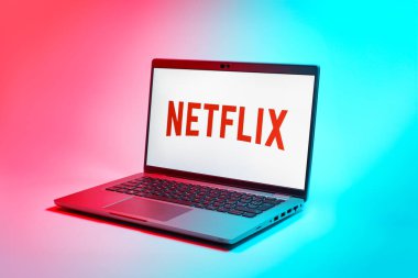 Prag, Çek Cumhuriyeti - 02 21 2025: Netflix logosunu gösteren dizüstü bilgisayar.