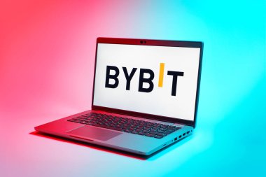 Prag, Çek Cumhuriyeti - 02 21 2025: Bybit logosunu gösteren dizüstü bilgisayar.