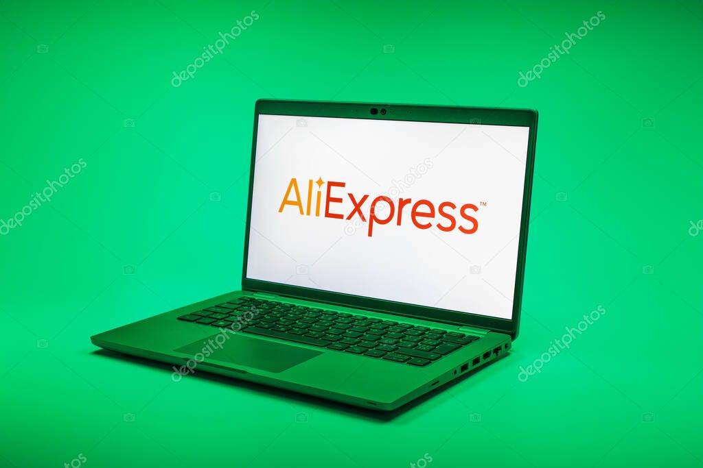 Prague, Czechia - 02 21 2025: Laptop on surface showing AliExpress logo.