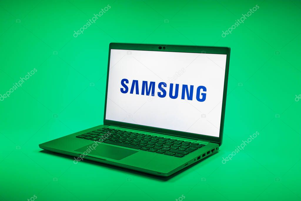 Prague, Czechia - 02 21 2025: Laptop on surface showing Samsung logo.
