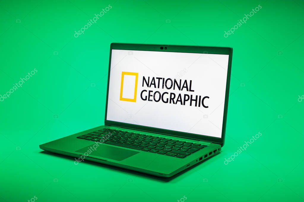 Prague, Czechia - 02 21 2025: Laptop on surface showing National Geographic logo.