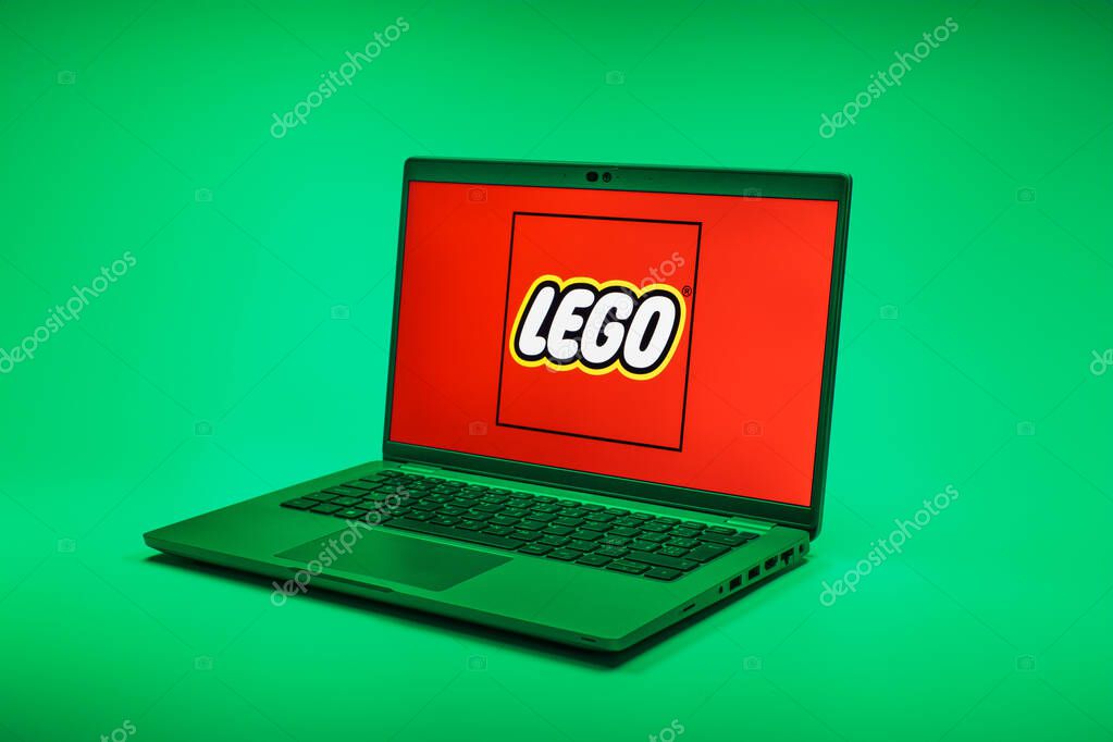 Prague, Czechia - 02 21 2025: Laptop on surface showing Lego logo.