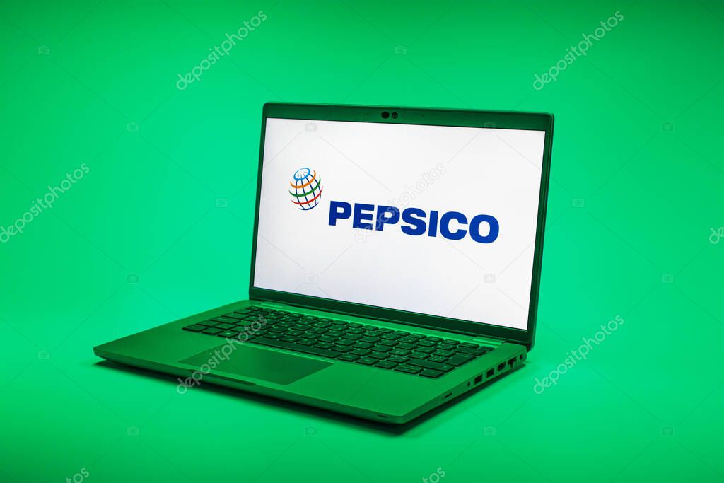 Prague, Czechia - 02 21 2025: Laptop on surface showing Pepsico logo.