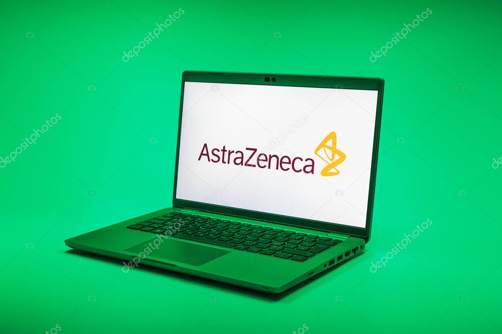 Prague, Czechia - 02 21 2025: Laptop on surface showing AstraZeneca logo.