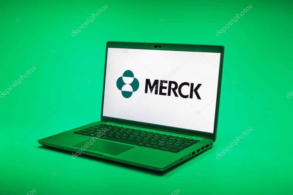 Prague, Czechia - 02 21 2025: Laptop on surface showing Merck logo.