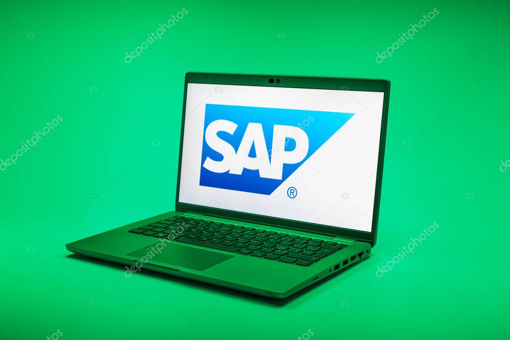 Prague, Czechia - 02 21 2025: Laptop on surface showing SAP logo.