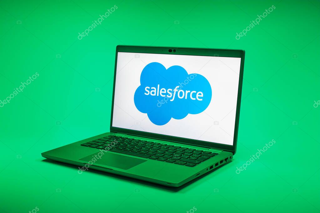 Prague, Czechia - 02 21 2025: Laptop on surface showing Salesforce logo.