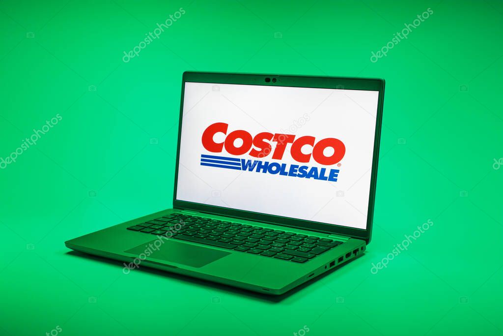 Prague, Czechia - 02 21 2025: Laptop on surface showing Costco logo.