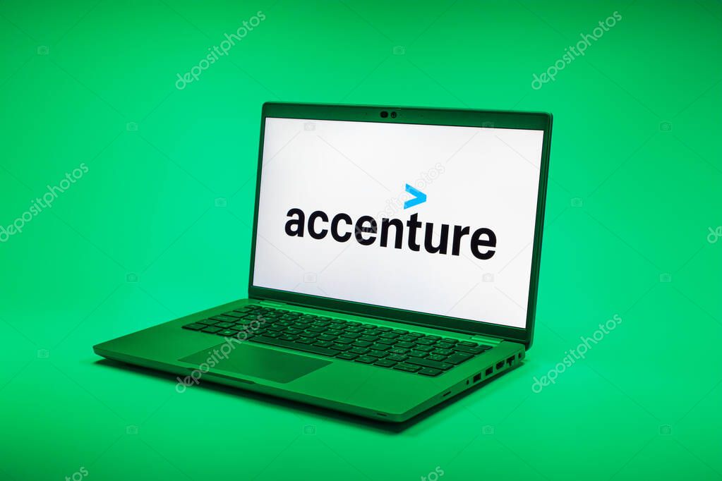 Prague, Czechia - 02 21 2025: Laptop on surface showing Accenture logo.