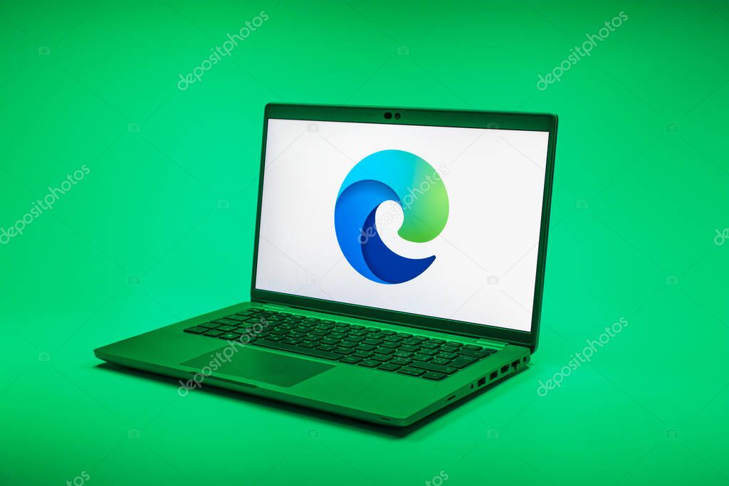 Prague, Czechia - 02 21 2025: Laptop on surface showing Edge logo.