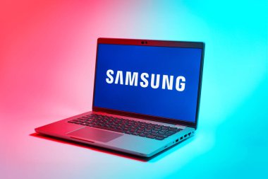 Prag, Çek Cumhuriyeti - 02 21 2025: Samsung logosunu gösteren dizüstü bilgisayar.
