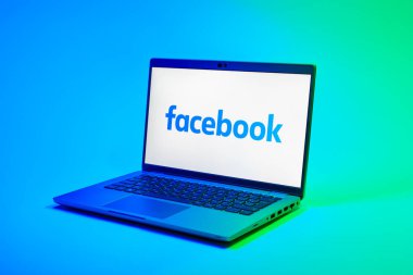 Prag, Çek Cumhuriyeti - 02 21 2025: Facebook logosunu gösteren dizüstü bilgisayar.