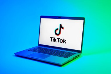 Prag, Çek Cumhuriyeti - 02 21 2025: TikTok logosunu gösteren dizüstü bilgisayar.