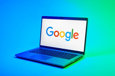 Prag, Çek Cumhuriyeti - 02 21 2025: Google logosunu gösteren dizüstü bilgisayar.
