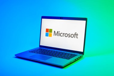 Prag, Çek Cumhuriyeti - 02 21 2025: Microsoft logosunu gösteren dizüstü bilgisayar.