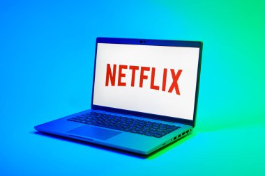 Prag, Çek Cumhuriyeti - 02 21 2025: Netflix logosunu gösteren dizüstü bilgisayar.