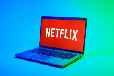 Prag, Çek Cumhuriyeti - 02 21 2025: Netflix logosunu gösteren dizüstü bilgisayar.