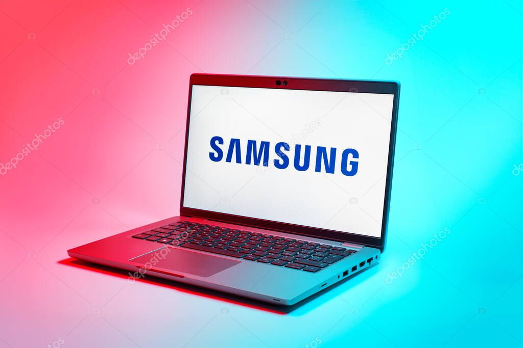 Prague, Czechia - 02 21 2025: Laptop on surface showing Samsung logo.