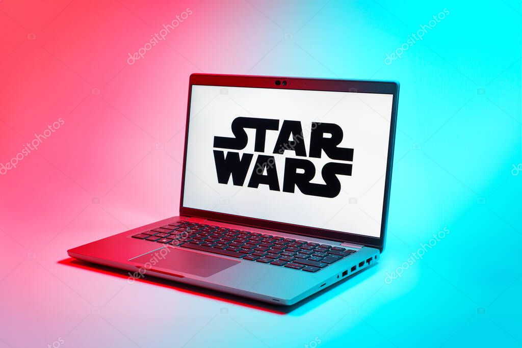 Prague, Czechia - 02 21 2025: Laptop on surface showing Star Wars logo.