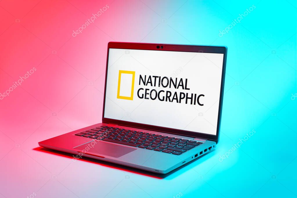 Prague, Czechia - 02 21 2025: Laptop on surface showing National Geographic logo.
