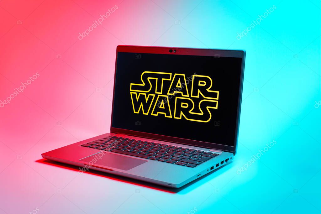 Prague, Czechia - 02 21 2025: Laptop on surface showing Star Wars logo.