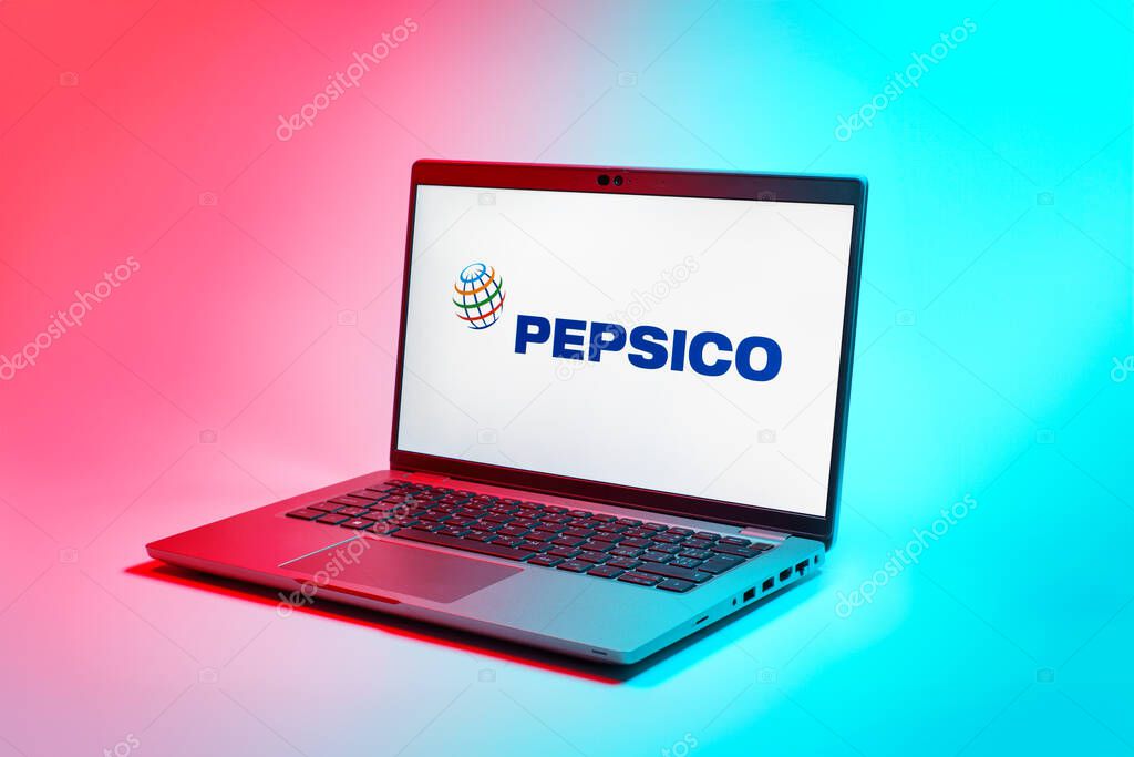Prague, Czechia - 02 21 2025: Laptop on surface showing Pepsico logo.