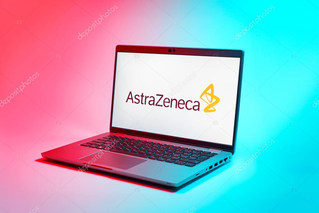 Prague, Czechia - 02 21 2025: Laptop on surface showing AstraZeneca logo.