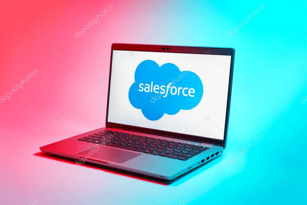 Prague, Czechia - 02 21 2025: Laptop on surface showing Salesforce logo.