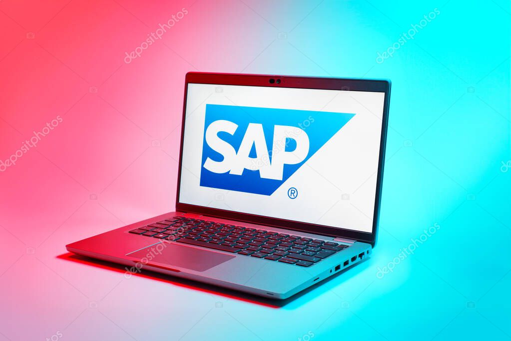 Prague, Czechia - 02 21 2025: Laptop on surface showing SAP logo.