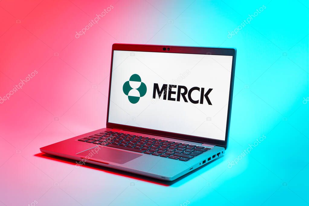 Prague, Czechia - 02 21 2025: Laptop on surface showing Merck logo.