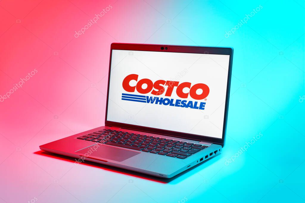 Prague, Czechia - 02 21 2025: Laptop on surface showing Costco logo.