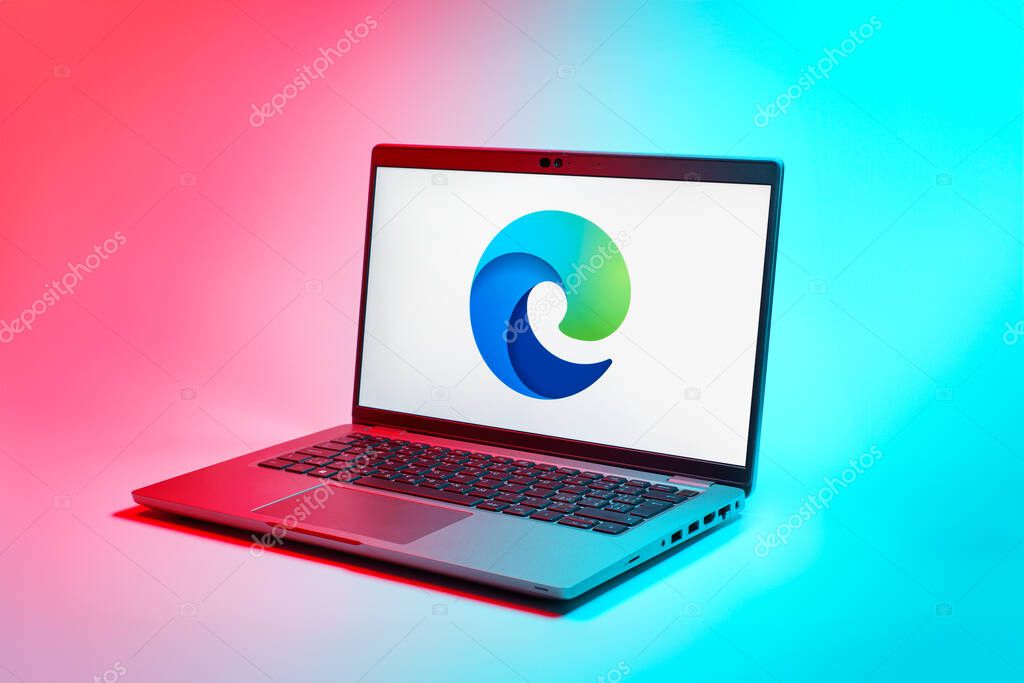 Prague, Czechia - 02 21 2025: Laptop on surface showing Edge logo.