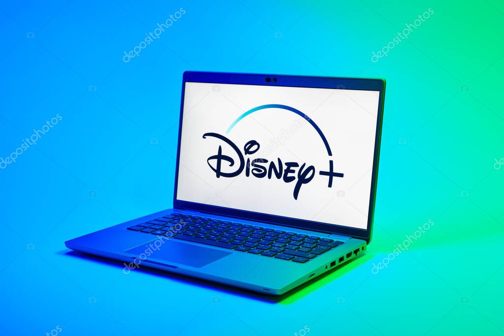 Prague, Czechia - 02 21 2025: Laptop on surface showing Disney + logo.