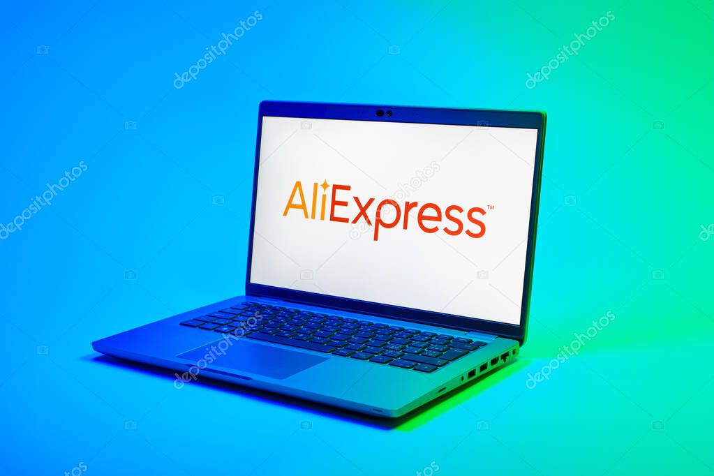 Prague, Czechia - 02 21 2025: Laptop on surface showing AliExpress logo.