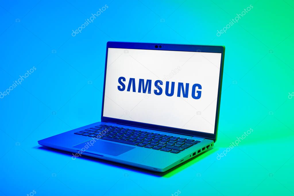 Prague, Czechia - 02 21 2025: Laptop on surface showing Samsung logo.