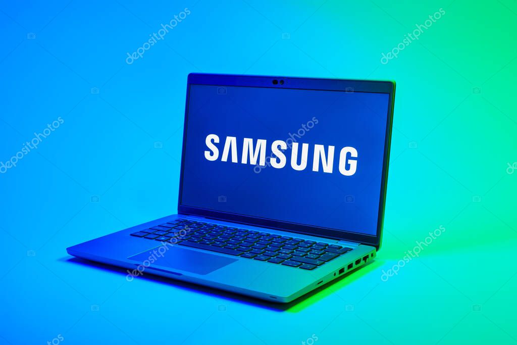 Prague, Czechia - 02 21 2025: Laptop on surface showing Samsung logo.