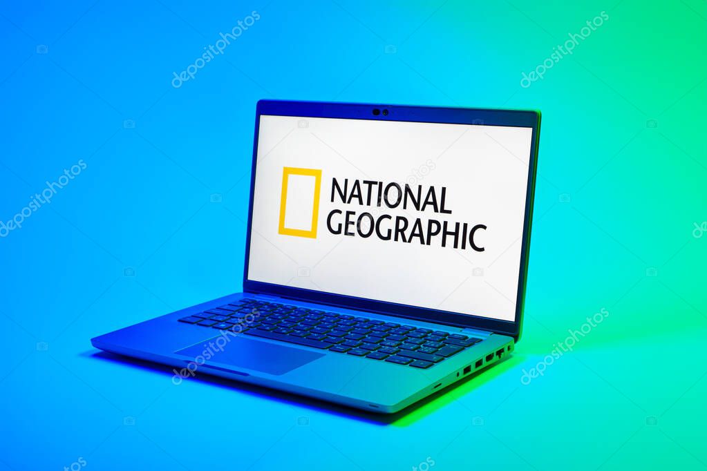 Prague, Czechia - 02 21 2025: Laptop on surface showing National Geographic logo.