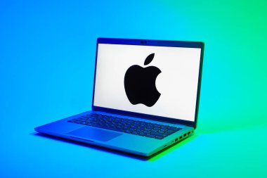Prag, Çek Cumhuriyeti - 02 21 2025: Apple logosunu gösteren dizüstü bilgisayar.