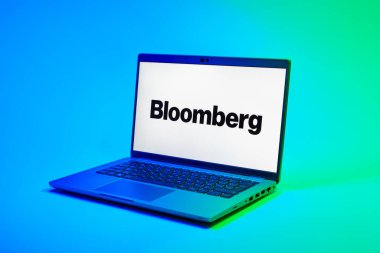 Prag, Çek Cumhuriyeti - 02 21 2025: Bloomberg logosunu gösteren dizüstü bilgisayar.
