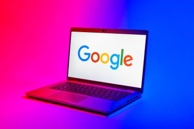Prag, Çek Cumhuriyeti - 02 21 2025: Google logosunu gösteren dizüstü bilgisayar.