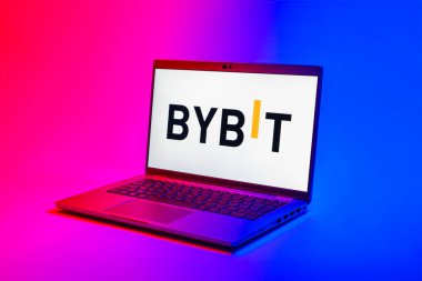 Prag, Çek Cumhuriyeti - 02 21 2025: Bybit logosunu gösteren dizüstü bilgisayar.