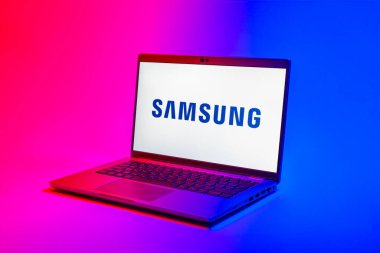 Prag, Çek Cumhuriyeti - 02 21 2025: Samsung logosunu gösteren dizüstü bilgisayar.