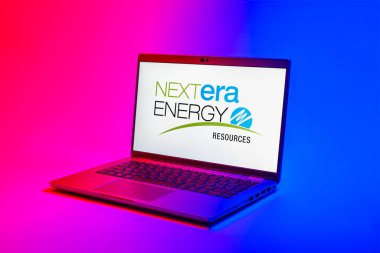Prag, Çek Cumhuriyeti - 02 21 2025: Nextera Enerji logosunu gösteren dizüstü bilgisayar.