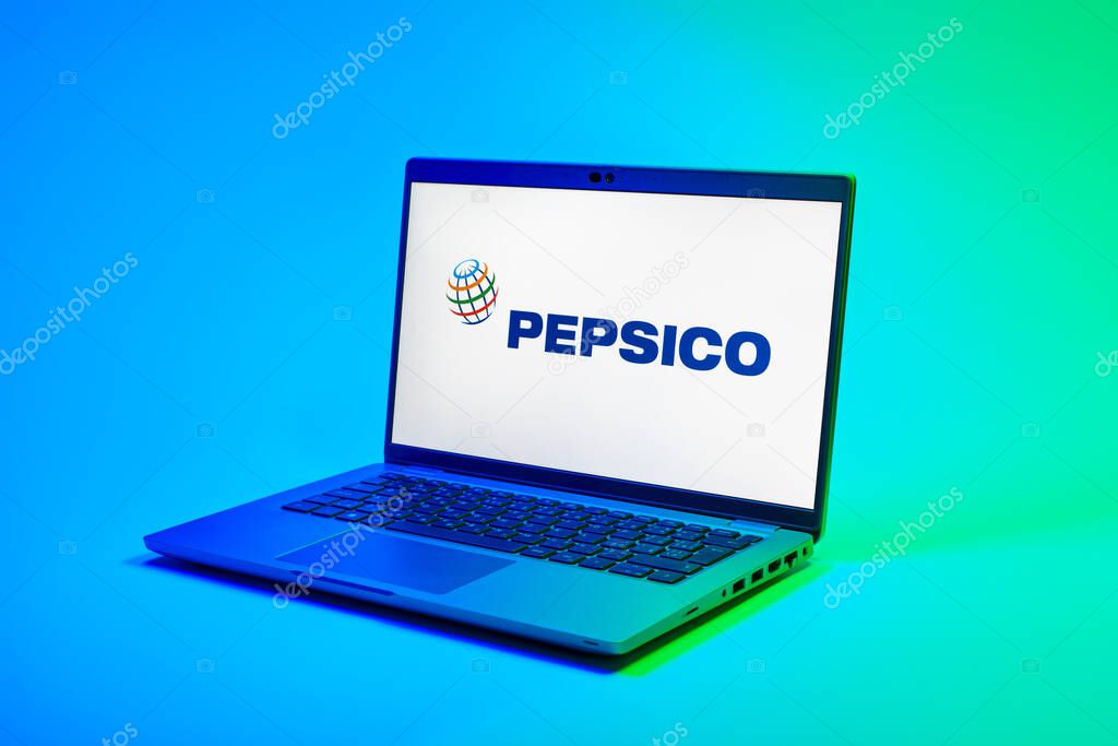 Prague, Czechia - 02 21 2025: Laptop on surface showing Pepsico logo.